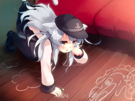 HD PC desktop wallpaper featuring Hibiki from Kantai Collection, depicted in anime style with a navy-themed outfit and soft lighting on a wooden floor background.