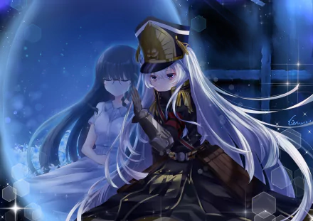 HD desktop wallpaper featuring Setsuna Shimazaki and Gunpuku no Himegimi from the anime Re:Creators. The characters are depicted in a captivating, serene nighttime setting.