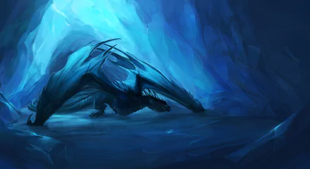 A majestic blue dragon resting inside a glowing ice cave, rendered in high-definition fantasy art for a PC desktop wallpaper background.