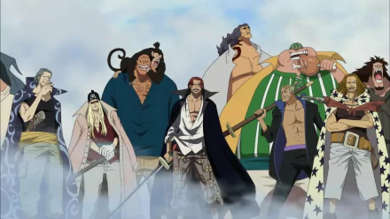 HD desktop wallpaper of characters from the anime One Piece, featuring Yasopp, Benn Beckman, Lucky Roo, and Shanks amidst a cloudy background.