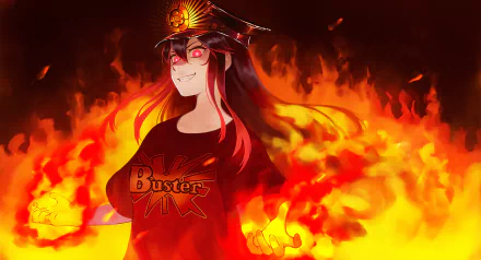 HD anime desktop wallpaper featuring Demon Archer Oda Nobukatsu from Fate/Grand Order, surrounded by flames with glowing red eyes and a confident smile.