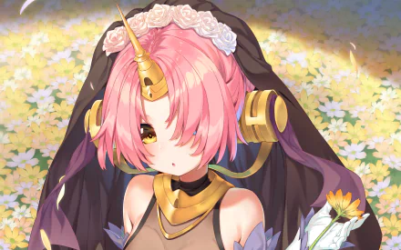 Anime character Frankenstein from Fate/Apocrypha, also known as Berserker of Black, in a HD desktop wallpaper. She has pink hair, adorned with a flower crown, against a floral background.