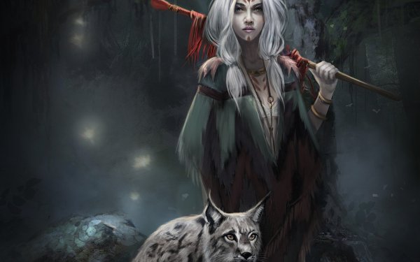 Fantasy Women Lynx White Hair Green Eyes HD Wallpaper | Background Image