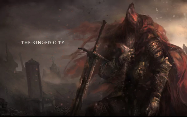 HD PC wallpaper featuring Slave Knight Gael from Dark Souls III, depicting a dark warrior in a gloomy, war-torn setting of The Ringed City from the Dark Souls video game series.