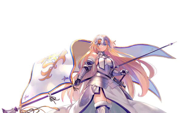 HD desktop wallpaper featuring Jeanne d'Arc from Fate/Grand Order, depicted as Ruler, donning armor and holding a flag, against a white background.
