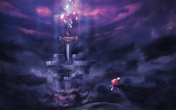 HD PC desktop wallpaper of Mario from Super Mario RPG: Legend of the Seven Stars — tiny Mario faces a dark, cloud-shrouded castle with a glowing sword and ominous face.