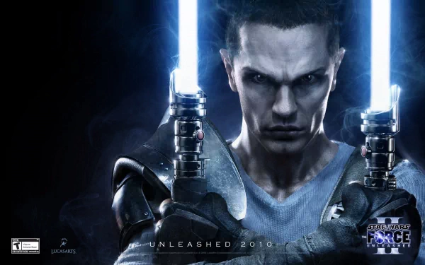 Starkiller from the video game Star Wars: The Force Unleashed II, glaring with twin blue lightsabers raised — dramatic HD PC desktop wallpaper background.
