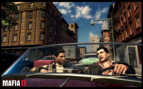 HD PC desktop wallpaper from the video game Mafia: The City of Lost Heaven, featuring two characters driving a vintage car through a city street.