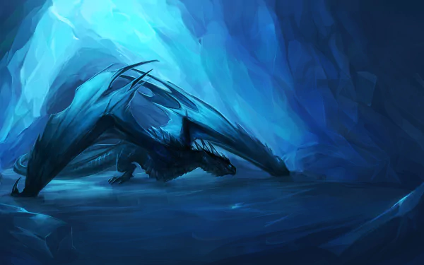 A majestic blue dragon resting inside a glowing ice cave, rendered in high-definition fantasy art for a PC desktop wallpaper background.
