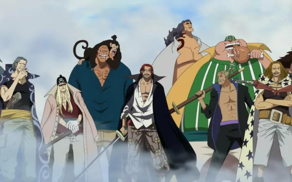 HD desktop wallpaper of characters from the anime One Piece, featuring Yasopp, Benn Beckman, Lucky Roo, and Shanks amidst a cloudy background.