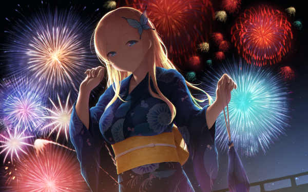 Anime Boku Wa Tomodachi Ga Sukunai Sena Kashiwazaki Blonde Blue Eyes Smile Kimono Fireworks Belt Long Hair HD Wallpaper | Background Image
