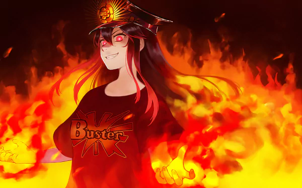 HD anime desktop wallpaper featuring Demon Archer Oda Nobukatsu from Fate/Grand Order, surrounded by flames with glowing red eyes and a confident smile.