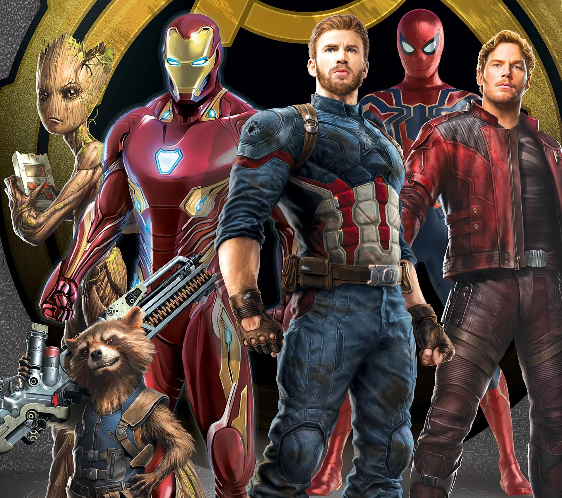 HD desktop wallpaper featuring Rocket Raccoon, Spider-Man, Groot, Star-Lord, Captain America, and Iron Man, from the movie Avengers: Infinity War.