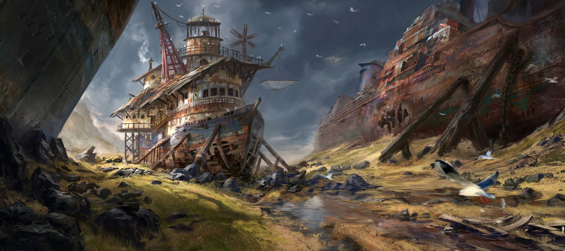 HD PC desktop wallpaper featuring a detailed fantasy shipwreck on a rocky shore beneath a stormy, cloudy sky.