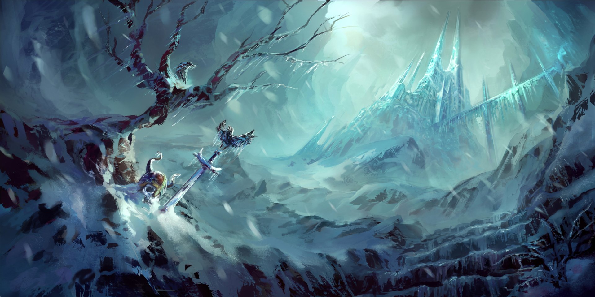 HD PC desktop wallpaper — fantasy landscape: windswept frozen plains, a twisted bare tree and sword in the snow, jagged ice spires rising beneath a stormy teal sky.