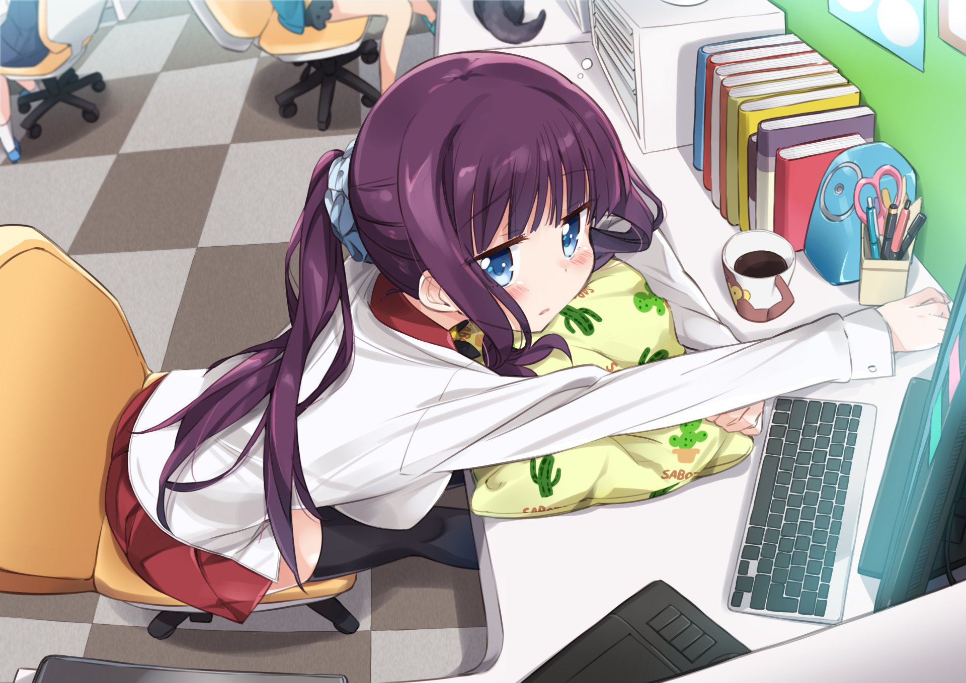 HD wallpaper featuring Hifumi Takimoto from the anime New Game!, showing her seated at a desk with a laptop, surrounded by books and a cup of coffee.