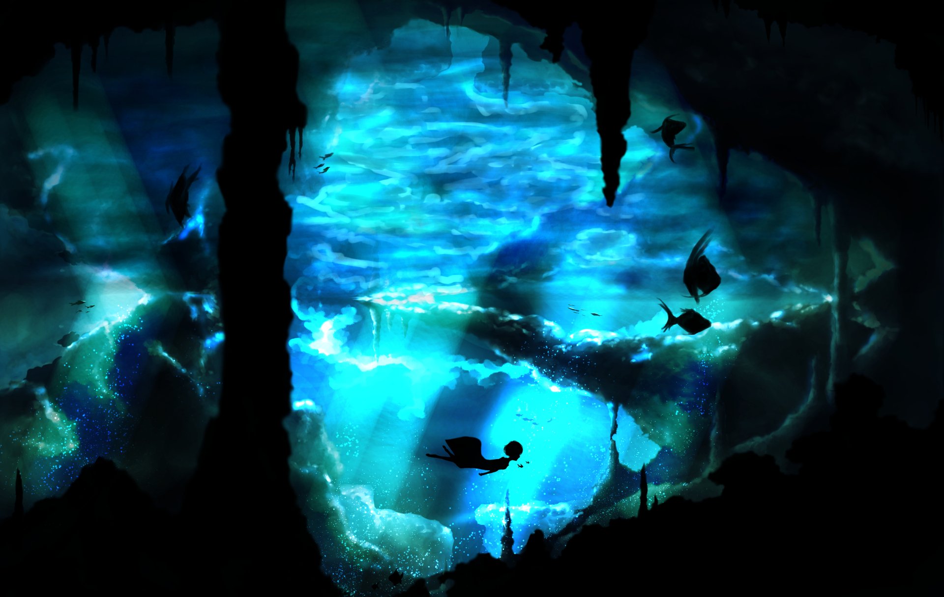 Anime-style 4K Ultra HD wallpaper depicting a mysterious cave underwater with fish swimming through illuminated water in an original artistic scene.