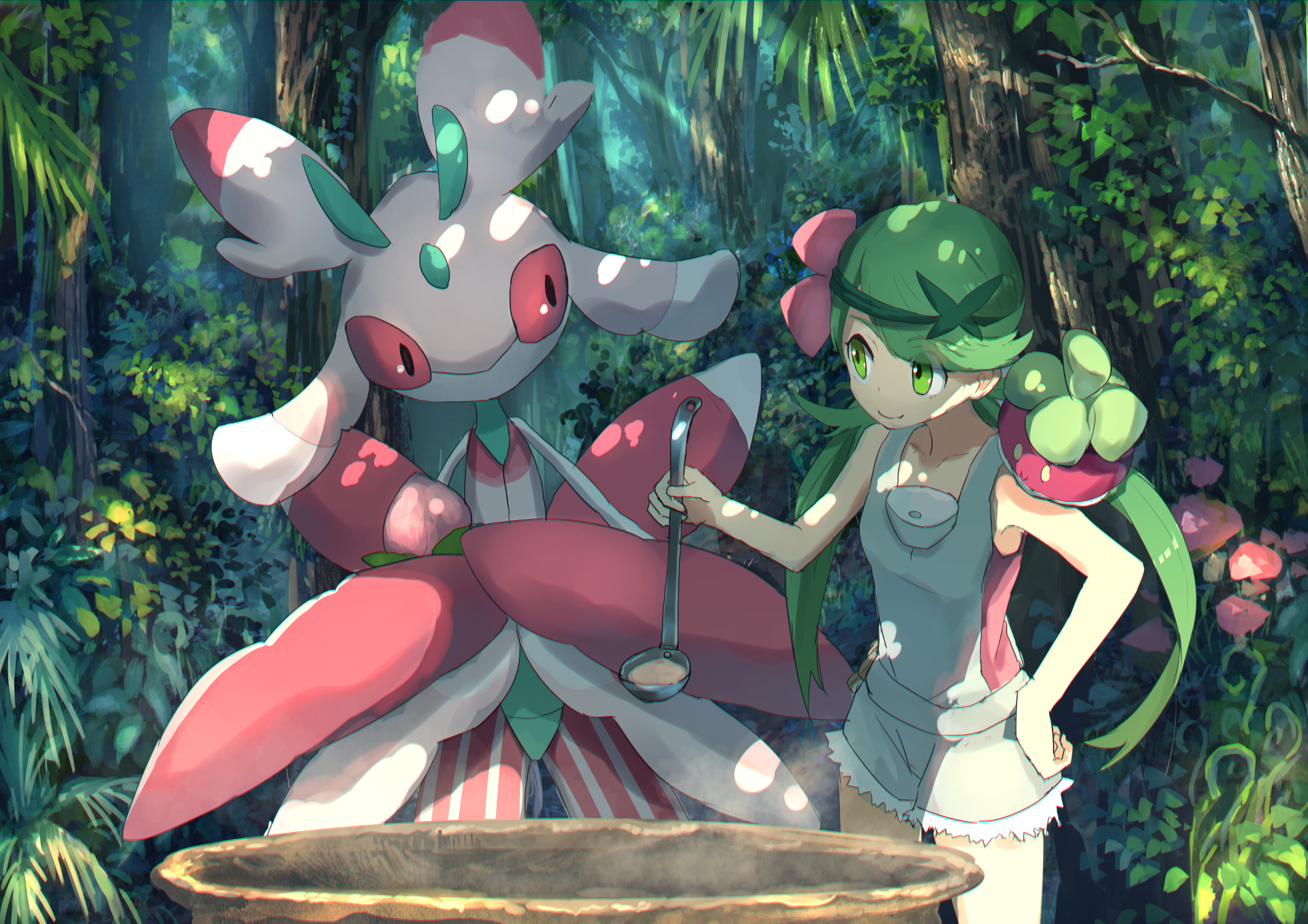 Mallow from Pokémon: Sun and Moon stands confidently in a lush forest beside her Lurantis Pokémon in this HD PC desktop wallpaper.