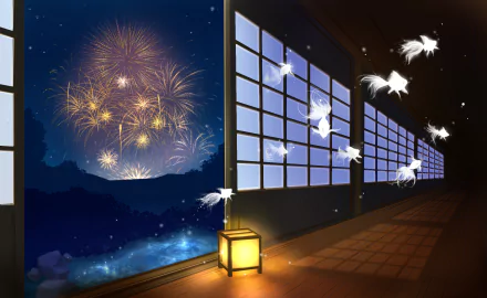 Anime original HD PC desktop wallpaper: moonlit tatami corridor with glowing lantern, paper cranes drifting through open shoji toward a night sky filled with distant fireworks over misty hills.