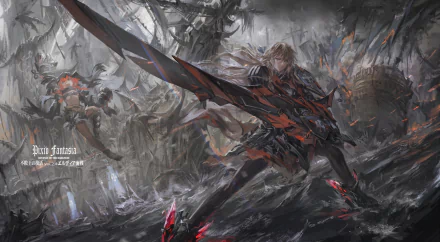 Anime — Pixiv Fantasia RD HD PC desktop wallpaper/background: lone armored warrior brandishing a colossal, blood-streaked blade amid a ruined, ash-filled battlefield.