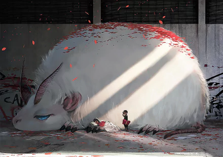 HD anime original desktop wallpaper featuring a giant fluffy white creature resting beside a small person in an urban, graffiti-covered setting with soft sunlight streaming in.