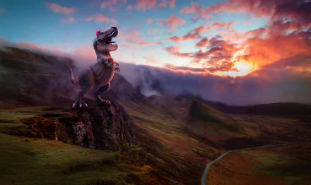 A stunning HD desktop wallpaper of a dinosaur from Super Mario Odyssey standing majestically on a cliff at sunset, overlooking a vast, picturesque landscape.