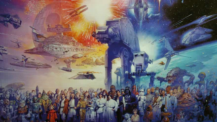 A dynamic HD desktop wallpaper featuring iconic characters and scenes from Star Wars Episodes I to VI, including epic space battles and memorable moments from the beloved movie saga.