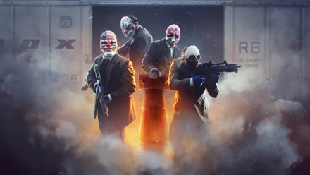 HD desktop wallpaper featuring Payday 2 characters Hoxton, Chains, Dallas, and Wolf in masks, posed with weapons against a smoky, industrial background.