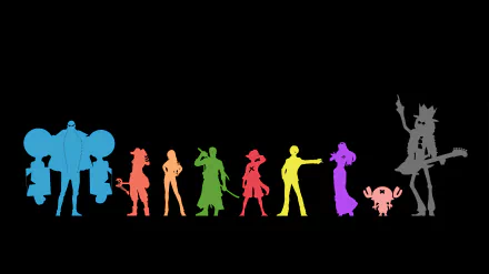 Silhouettes of the main characters from the anime One Piece in vibrant colors on a black background. This HD desktop wallpaper highlights each character's unique shape, creating a striking visual effect.