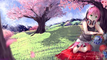 HD PC desktop wallpaper featuring an anime-style character with pink hair under a blooming sakura tree, inspired by the video game Osu!.