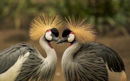 Two elegant Grey crowned cranes face each other, showcasing their striking golden crests against a softly blurred natural background in this 4K Ultra HD desktop wallpaper.