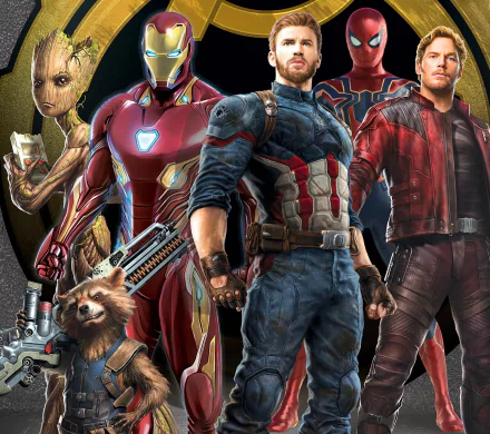 HD desktop wallpaper featuring Rocket Raccoon, Spider-Man, Groot, Star-Lord, Captain America, and Iron Man, from the movie Avengers: Infinity War.