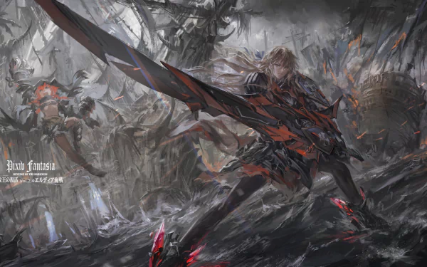Anime — Pixiv Fantasia RD HD PC desktop wallpaper/background: lone armored warrior brandishing a colossal, blood-streaked blade amid a ruined, ash-filled battlefield.