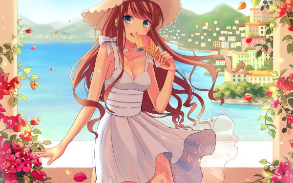 Anime Original Ice Cream Straw Hat Flower Dress Brown Hair Blue Eyes HD Wallpaper | Background Image