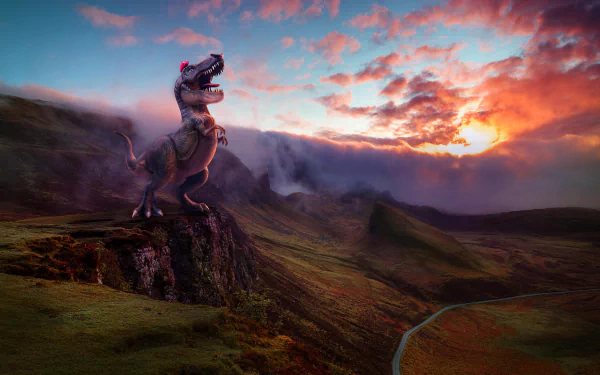 A stunning HD desktop wallpaper of a dinosaur from Super Mario Odyssey standing majestically on a cliff at sunset, overlooking a vast, picturesque landscape.