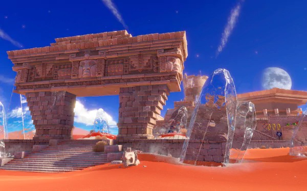 HD desktop wallpaper and background from the video game Super Mario Odyssey, featuring an ancient stone structure in a vibrant desert landscape with scattered ice formations under a clear blue sky.