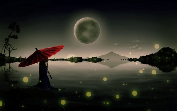 Anime Original Moon Lake Umbrella Night HD Wallpaper | Background Image