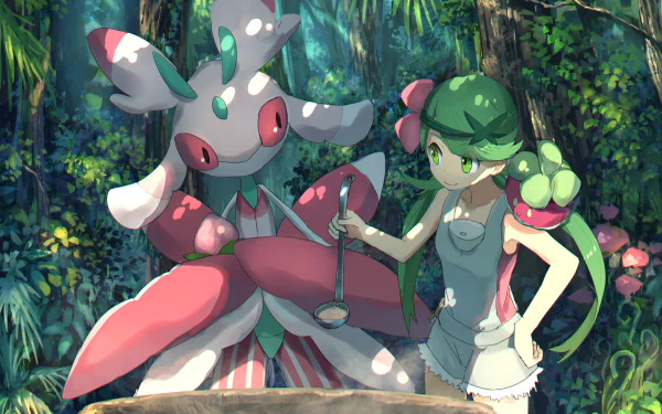 Mallow from Pokémon: Sun and Moon stands confidently in a lush forest beside her Lurantis Pokémon in this HD PC desktop wallpaper.