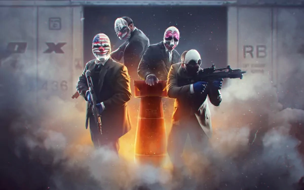 HD desktop wallpaper featuring Payday 2 characters Hoxton, Chains, Dallas, and Wolf in masks, posed with weapons against a smoky, industrial background.