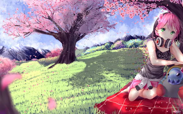 HD PC desktop wallpaper featuring an anime-style character with pink hair under a blooming sakura tree, inspired by the video game Osu!.