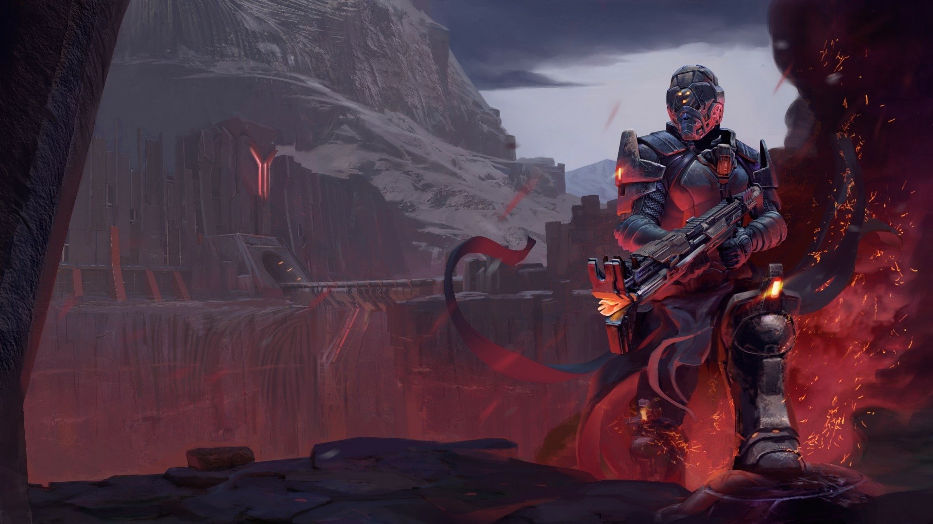 HD desktop wallpaper of a Sci-Fi video game, ELEX, featuring a futuristic warrior armed and armored, against a dark, rugged mountainous backdrop with glowing red elements.