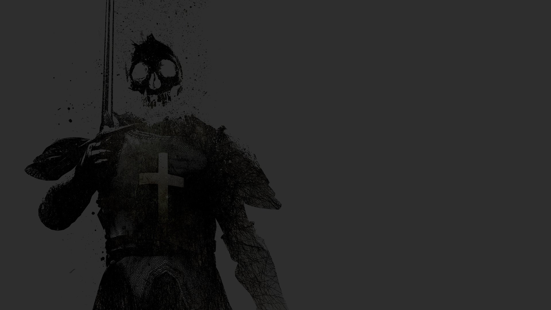 Dark HD PC desktop wallpaper of a skeletal knight in battered armor with a cross on its chest, holding a spear beneath a glowing skull against a shadowy gray background.