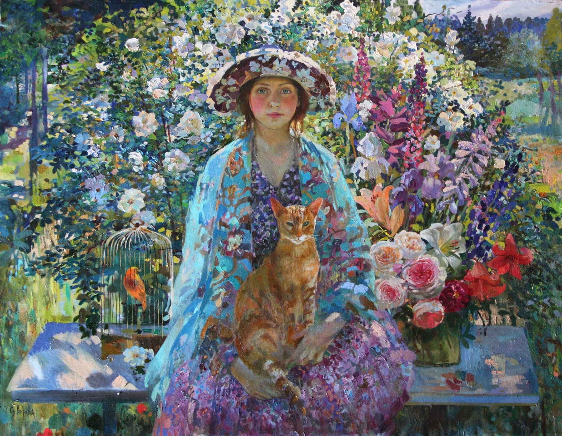 Artistic painting of a woman in a flower-filled garden holding a ginger cat beside a birdcage and vibrant blooms — HD PC desktop wallpaper/background.