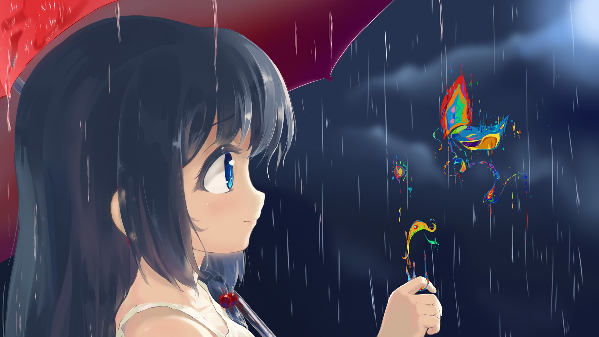 4K Ultra HD PC desktop wallpaper: original anime of a black-haired girl with blue eyes holding a red umbrella in rain as colorful butterflies hover.