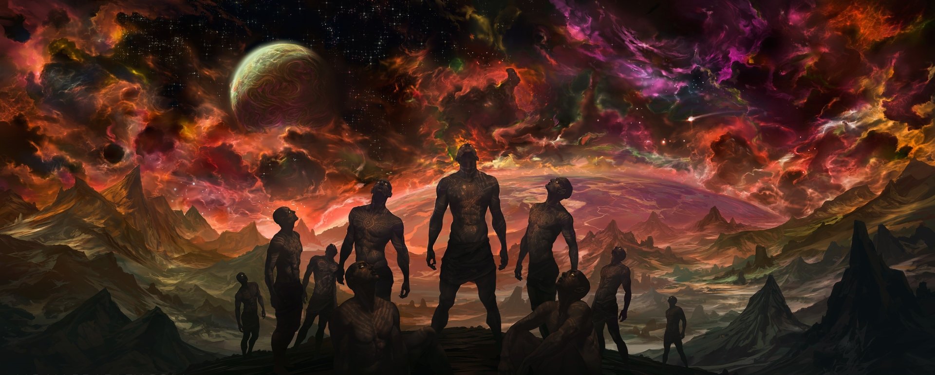 HD Sci-Fi desktop wallpaper featuring tattooed men standing on a rugged landscape beneath a vibrant nebula and a distant planet.