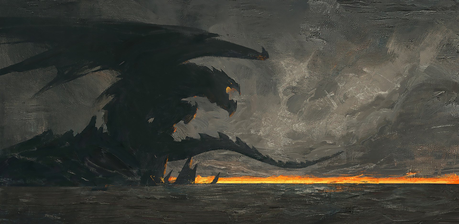 HD fantasy desktop wallpaper depicting a fierce dragon with glowing eyes emerging from a dark, stormy landscape under a fiery horizon.