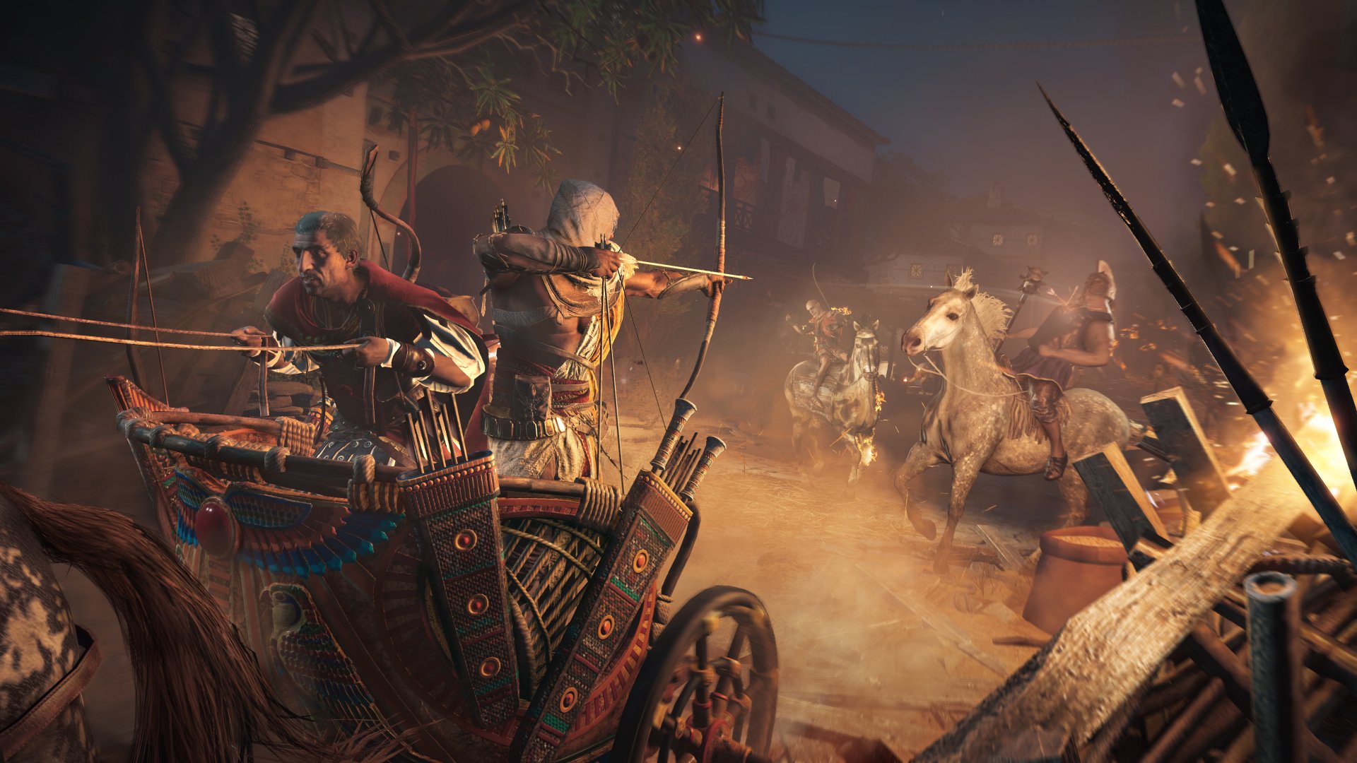 Bayek of Siwa aiming a bow on a chariot while enemies charge on horseback in a dramatic scene from Assassin's Creed Origins, rendered in 4K Ultra HD for PC.