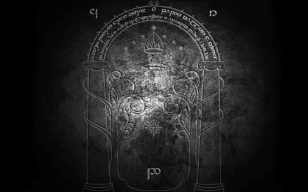 HD fantasy desktop wallpaper featuring the iconic Doors of Durin from The Lord of the Rings, etched with Elvish inscriptions and mystical designs on a dark background.