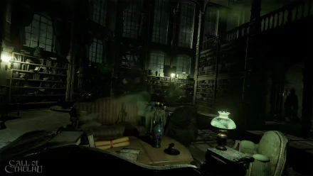 Dark, eerie library scene from Call of Cthulhu: The Official Video Game, featured as an HD PC desktop wallpaper and background.