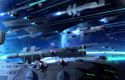 HD anime-style PC desktop wallpaper featuring a fleet of spaceships with glowing engines in a dynamic space battle scene.